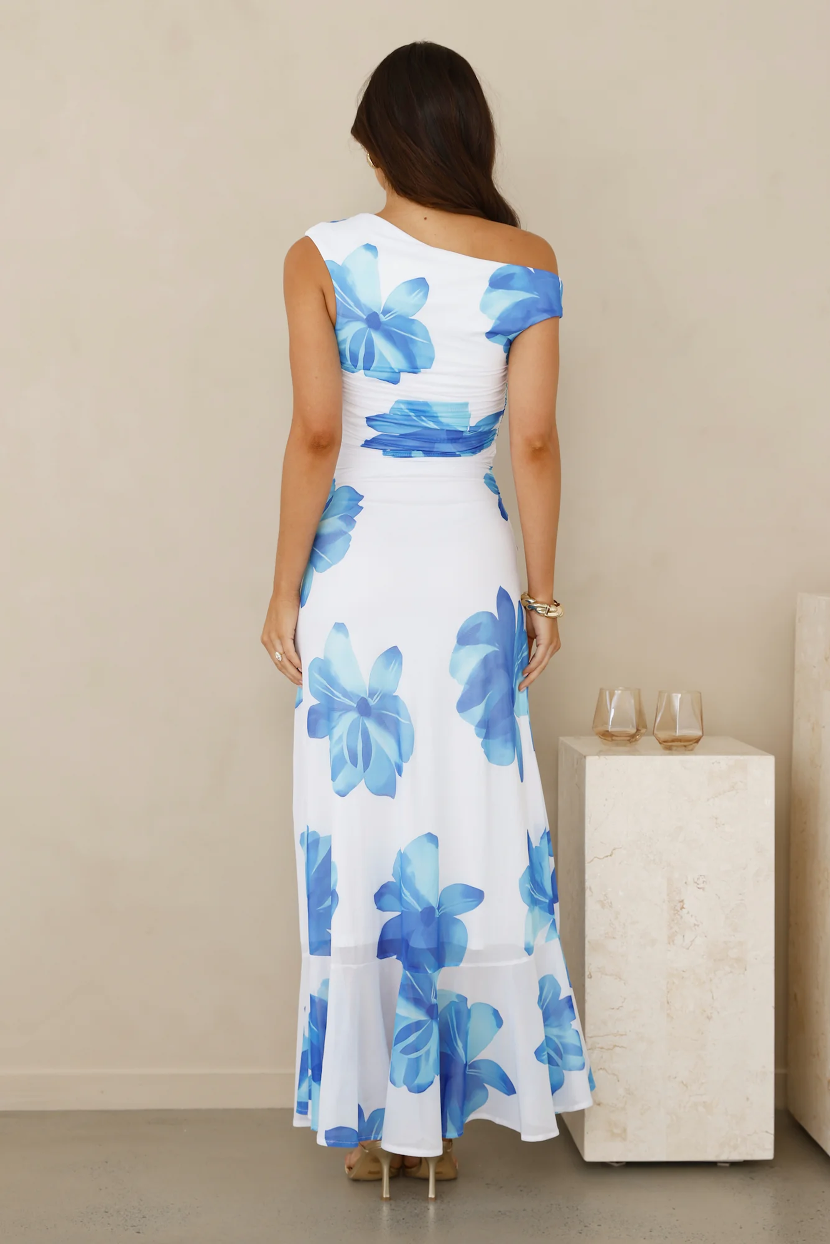 One Shoulder Mesh Maxi Dress Blue