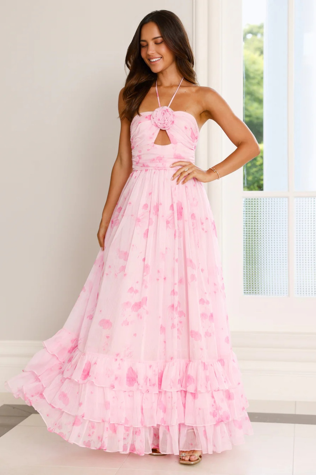 Floral Essence Halter Maxi Dress Pink