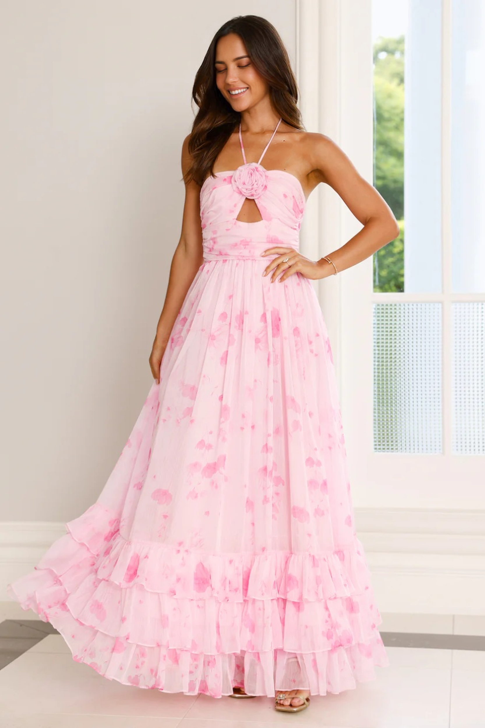 Floral Essence Halter Maxi Dress Pink
